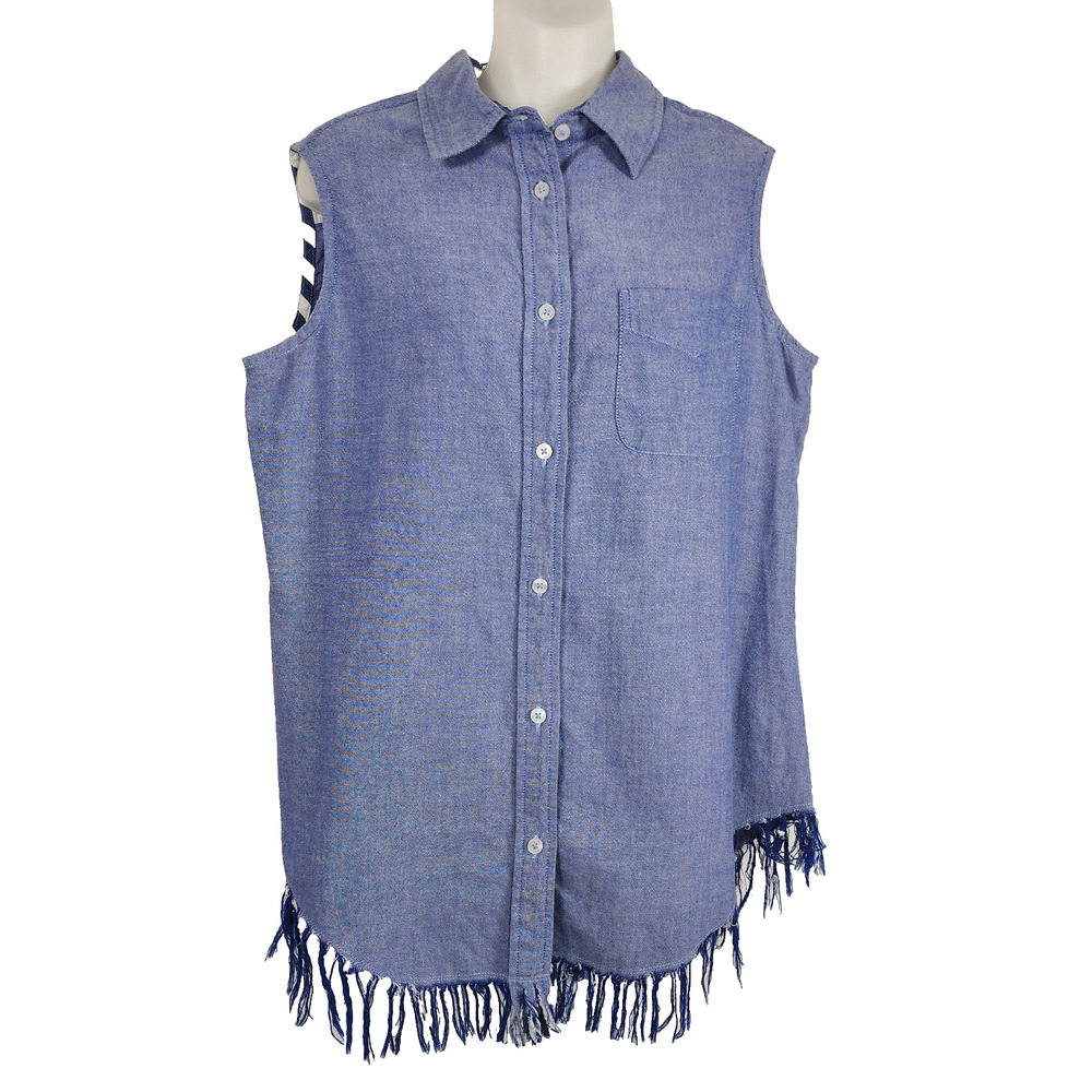 Tizzie Womens Button Shirt Frayed Hem Chambray Sleeveless Lightweight Coastal M